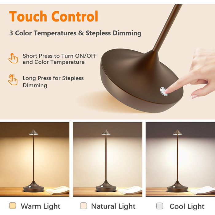 Набір з 2-х бездротових LED настільних ламп Hapfish з акумулятором, диммер, алюміній, водонепроникні, для дому, тераси, ресторану (Коричневий)