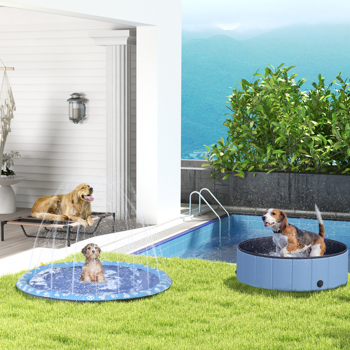 PawHut Splash Sprinkler Pad 150 см Ігровий килимок з бризками для собак, антиковзкий, розбризкуючий, водяний розбризкювач на відкритому повітрі, ПВХ, блакитний