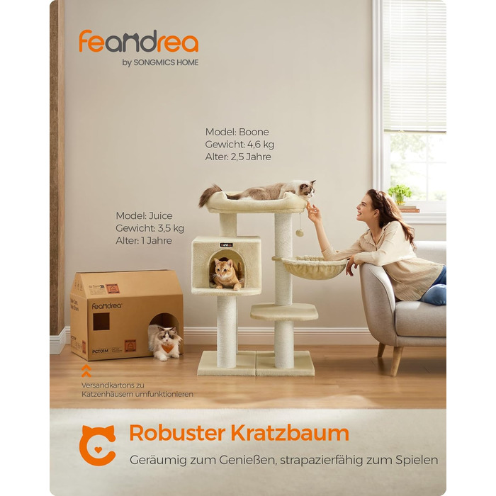 Feandrea Cat Tree for Large Cats, XXL, Heavy-Duty, Cat Tower with 6 Extra Thick Scratching Posts, Large Platform, Cave, Basket, Flexible Assembly, Detachable and Washable Cushions, Beige PCT01M