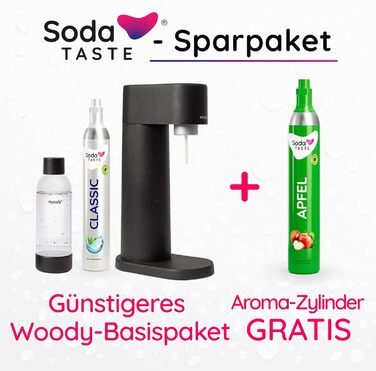 Набір Mysoda Woody: Газований напій з дерева, 1л BPA-free пляшка, CO2 циліндри Classic та Apfel (Чорний)