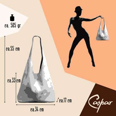 Сумка жіноча Caspar Hobo Bag шопер шкіряна велика, сріблястий металік - Італія