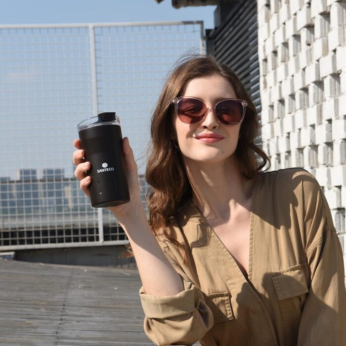 Термокружка SANTECO з нержавіючої сталі 18/8, подвійні стінки, ізольована, 350 мл, темно-зелена, з прозорою кришкою, BPA-free, витримує до 6 годин тепла, 100% без витоку