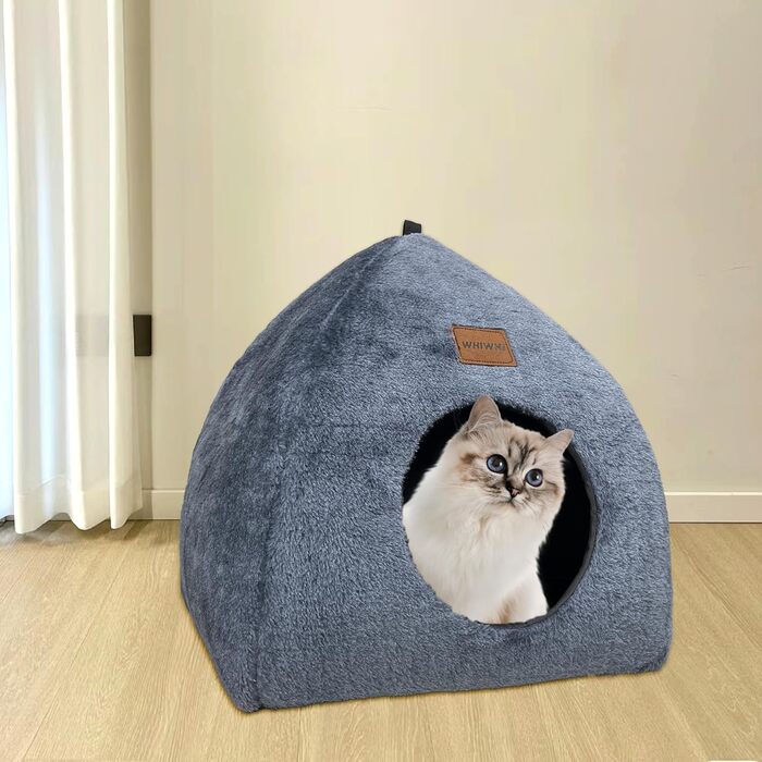 Кішка-будиночок для дому: затишне ліжко-печера для котів з м'яким знімним подушкою, 40x40x35 см, темно-синій
