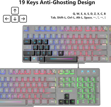 Ігровий комплект клавіатури та миші з адаптером, QWERTZ, підсвічування, 6 клавіш, миша 2400 DPI, килимок для миші, USB, ергономічний дизайн, сумісний з PS4, Xbox, Switch, чорний