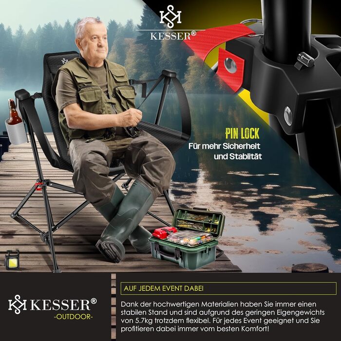 Кресlo для кемпінгу KESSER® Schaukelstuhl, 160 кг, з підсвічуванням та тримачем для напоїв, сірий/чорний