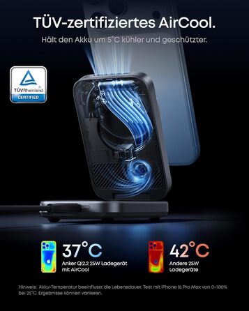 Зарядна станція Anker Prime 3-in-1 Qi2 25W з системою охолодження AirCool, бездротовий зарядний пристрій, чорний