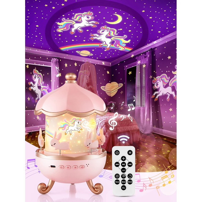 Star Projector for Kids with 15 Films, Music Box for Baby Girls with 10 Songs, 7-Color Night Light for Children, Star Projector Baby Gift for Girls, Kids Room Decoration