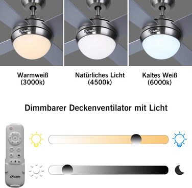 Стеляний вентилятор Ovlaim 122 см з LED-підсвічуванням та дистанційним керуванням, коричнева лампа, 6 швидкостей, DC мотор, тихий, для спальні/тераси (сріблястий)