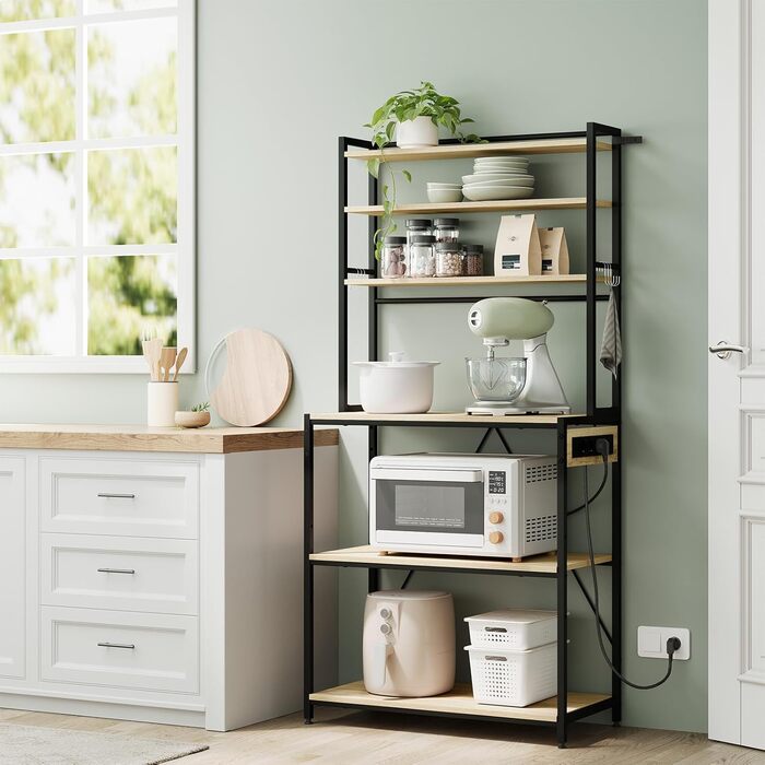 Кухонна полиця WOLTU з 6 ярусами, з розетками, мікрохвильова полиця з 6 гачками, полиця для пекаря з металевим каркасом, регульовані полиці, Чорний+Рустикальне коричневе, 60 x 167 x 40 см (Чорний+світлий дуб, 80 x 39,5 x 167 см)