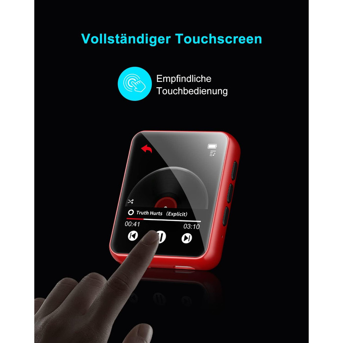 MP3 плеєр 32GB Bluetooth 5.0 з сенсорним екраном, HiFi, радіо, диктофон (червоний)