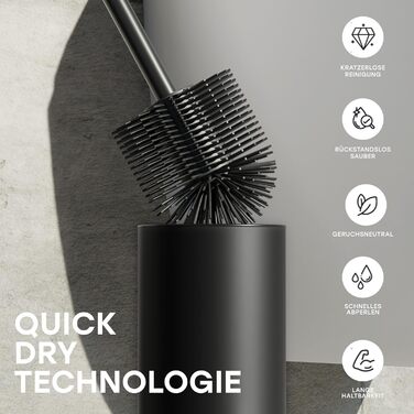 Торцева щітка для унітазу з нержавіючої сталі та силікону з дискретним тримачем - щітка для туалету з захистом від бризок, антибактеріальний тримач (чорний)