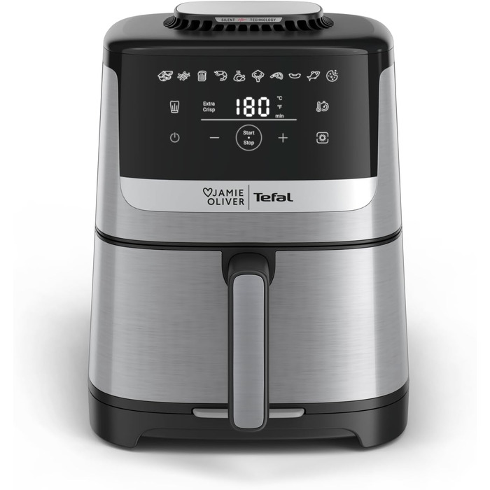 Аерофритюрниця Jamie Oliver by Tefal Easy Fry Silence Deluxe EY55JDE0, тиха, 5 л, 10 програм, цифровий сенсорний дисплей, з решіткою та кришкою, чорний/нержавіюча сталь