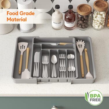 Органайзер для столових приборів Lifewit в шухляду, розсувний, пластиковий, 7-9 відділень, сірий, глибокий 38 см - великий розмір