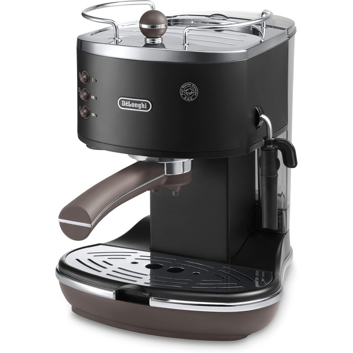 Еспресо-машина De'Longhi Icona Vintage ECOV 311.BG – чорна, з ручним капучинатором, для кави та ESE Pads, 1.4 л