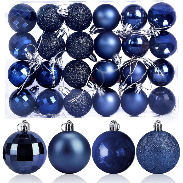 24 штуки новорічних кулі 4 см, пластикові, неб'ючі, для прикраси ялинки, синього кольору