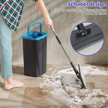 Набір для миття підлоги з відром, 2 в 1: моп з відром та функцією віджиму, з регульованою ручкою з нержавіючої сталі та 6 мікрофібровими насадками, підходить для плитки та ламінату (сірий + зелений)