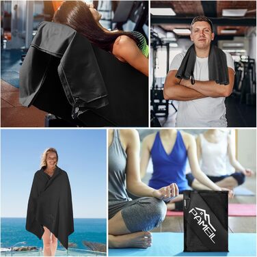 Набір рушників з мікрофібри Pameil (3 шт.): великий (160x80 см) + 2 маленькі (80x40 см), швидковисихаючі, для подорожей, фітнесу, сауни (чорний)