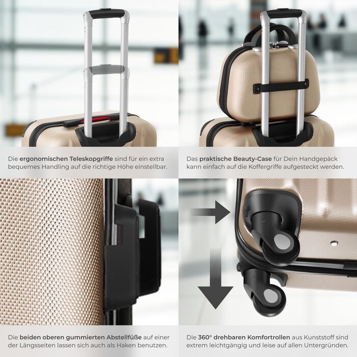 Набір валіз Tectake® 4 шт. з відстібними колесами 360°, жорсткий корпус з TSA замком, велика валіза з роздільником, ручна валіза, телескопічна ручка - колір шампань | 403411