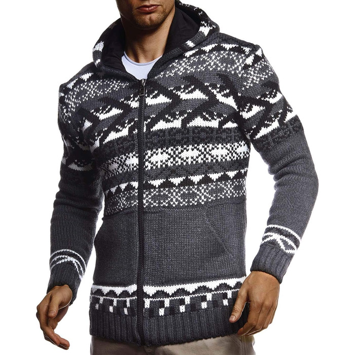 Чоловіча в'язана куртка Leif Nelson з капюшоном, норвезький стиль, чорна зимова куртка, тепла куртка з капюшоном, чоловіча куртка, для святкування Різдва, норвезький візерунок, грубий в'язання, Slim Fit, Розмір: M