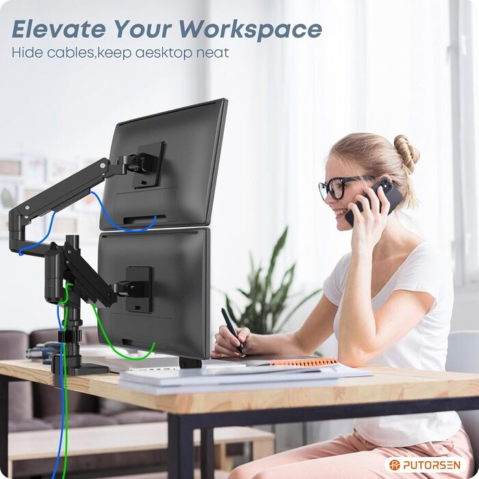 Підставка для монітора PUTORSEN для 2 моніторів, 17-49 дюймів, газ-амортизатор, регулювання висоти, поворот, VESA 75/100mm, чорний
