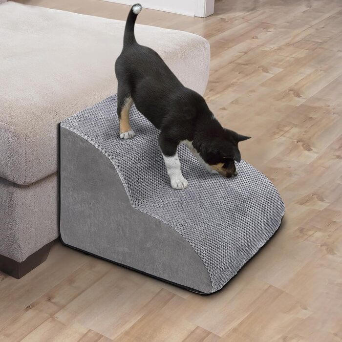 LIANTRAL Dog Stairs, 3 Steps Dog Stairs for Bed and Sofa made of High-Density Sponge, Cat Stairs Dog Ramp with Removable, Washable Cover and Pet Hair Remover Roller, 40 cm High (2 Steps Grey)