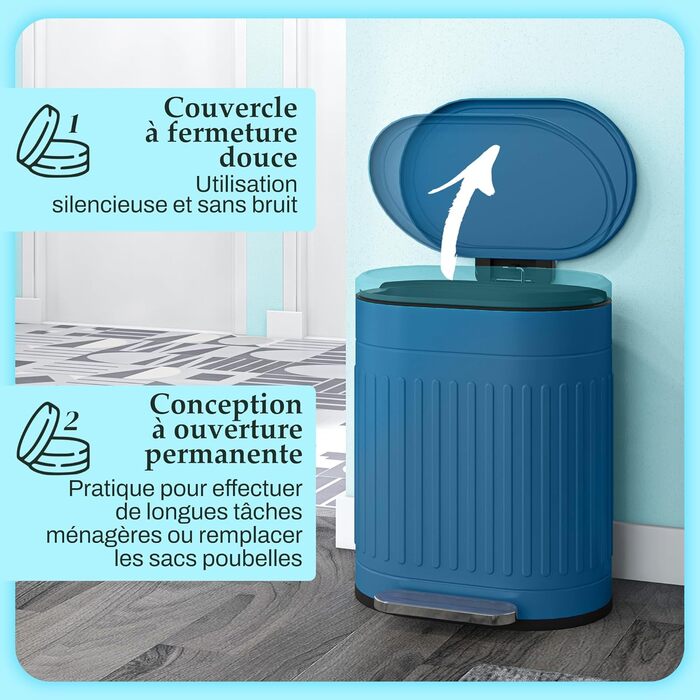 HOMCOM Відро для сміття кухонне 20л металеве з м'яким закриттям кришки, анти-відбитки, знімний внутрішній відро, блакитне
