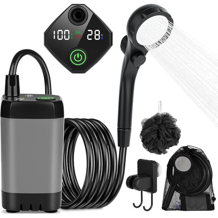 Портативна душова кабіна для кемпінгу GuKKK з насосом, акумулятором 7800mAh та індикатором температури, 2м шланг, регульована насадка, для подорожей