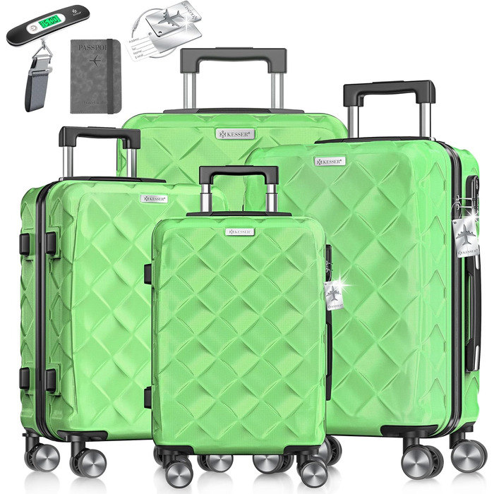 Набір валіз KESSER® 4 шт. | ABS валізи з кодовим замком, ваговою системою та органайзером для подорожей | Ручна та велика поїздка, бізнес та валіза-тележка (яблучно-зелений)