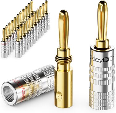 Набір бананових конекторів deleyCON 24 шт. - позолочені, гвинтові, для акустичних кабелів 0,75-4,5 мм, Hi-Fi ресивери, срібні