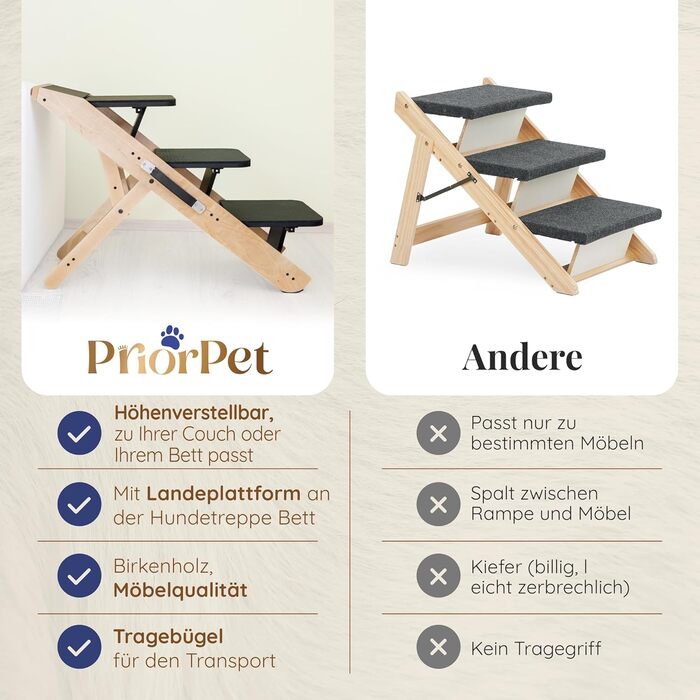 Сходинка для собак на ліжко та диван 2-в-1 - регульована рамка для маленьких собак, легка переносна сходинка з платформою, натуральне дерево