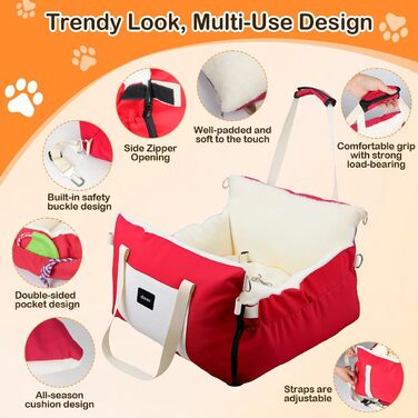 Автокрісло для собак 3-в-1 – переносна лежанка для маленьких собак, з м'яким матрацом, для переднього або заднього сидіння, внутрішнє та зовнішнє використання (червоний)
