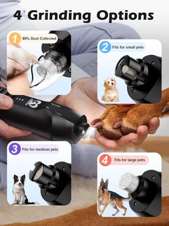 Електричний точило для собачих кігтів Casfuy - 6 ступенів, тихе, з LED-підсвіткою та збирачем пилу, 4.8V, для великих собак (чорний)