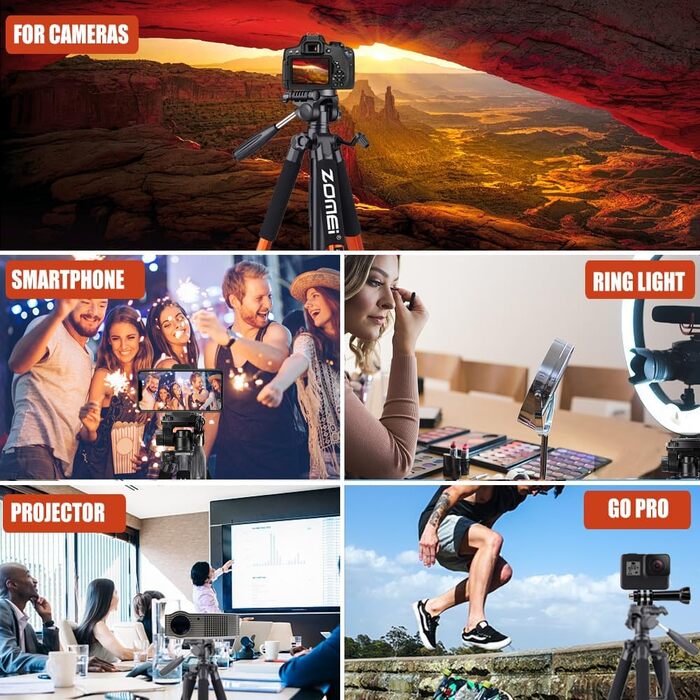 Штатив ZOMEi 188 см - важкий, для професійного відео та фото, сумісний з DSLR, телефонами, проекторами, біноклями, телескопами (чорний, помаранчевий)