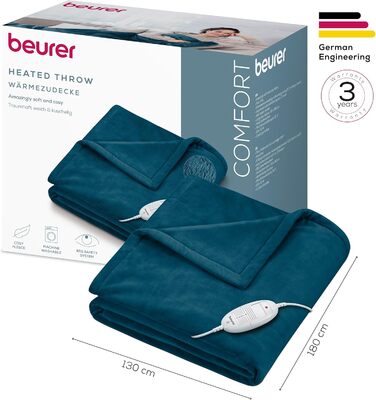 Електрична ковдра Beurer HD 75 з 6 режимами нагріву, системою безпеки та автовимкненням, 180x130 см (Petrol)