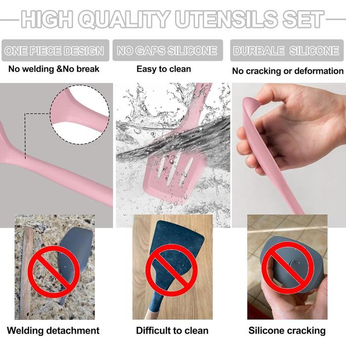 Набір кухонного приладдя Umite Chef, 22 предмети, силіконовий, білий, для антипригарного посуду, можна мити в посудомийній машині (Рожевий)