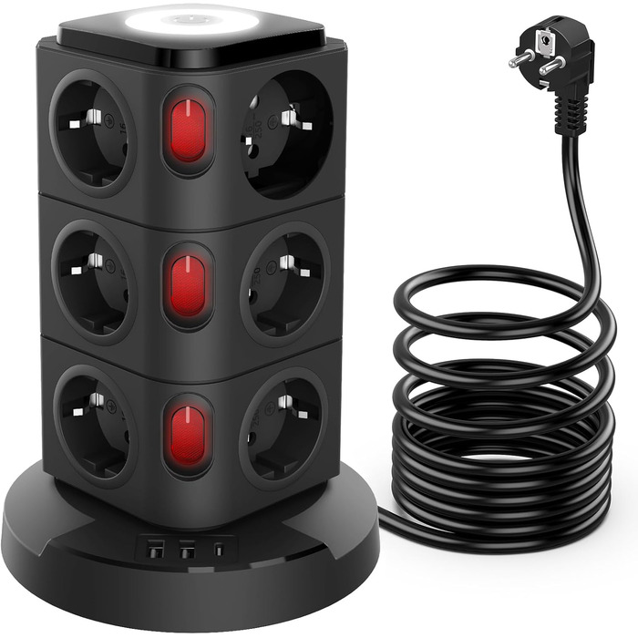 Багаторозеткова станція Acodot Tower з USB, 12 розеток, захист від перенапруги, 4 вимикачі, нічник, 3 USB-порти, кабель 3м, 2500W, для офісу, білий/чорний