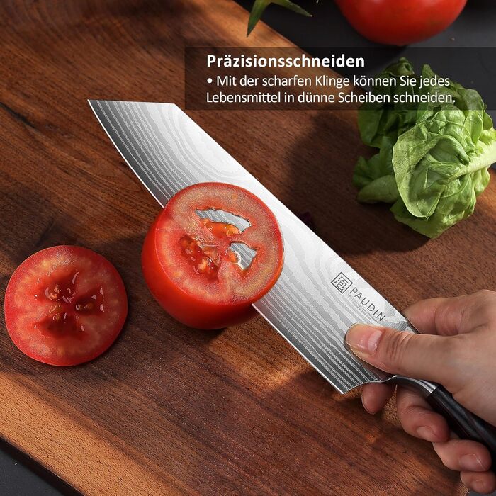 Японський ніж Santoku від Paudin, 20 см, Kiritsuke, з високоякісної сталі, ергономічна ручка, для м'яса, риби та овочів