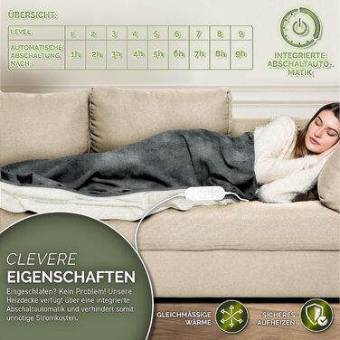 Електрична ковдра Sinnlein® з автовимкненням 160x120 см | 9 температурних режимів | Ковдра для ліжка, дивана | з таймером та цифровим дисплеєм (160x120 см, темно-сіра)