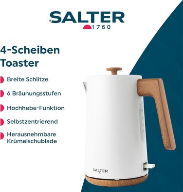 Електричний чайник Salter Toronto 1,7L з функцією швидкого кип'ятіння, 360° обертання, фільтром від накипу, дерев'яним дизайном, бездротовим підключенням, захистом від сухого кип'ятіння та автоматичним вимкненням. Otter-контролер, білий колір.