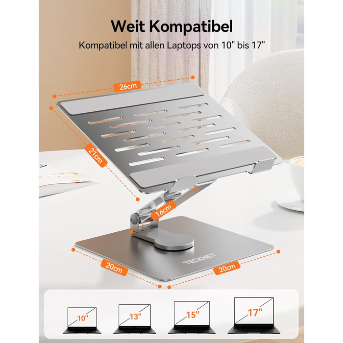 Підставка для ноутбука TECKNET, регульована висота, 360° обертання, складна, для MacBook Air/Pro, до 17
