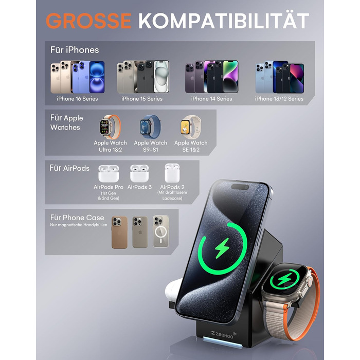 ZEEHOO Зарядна станція 3 в 1 для Apple MagSafe, iPhone 16/15/14/13/12, Apple Watch та AirPods (30W USB-C), Чорний