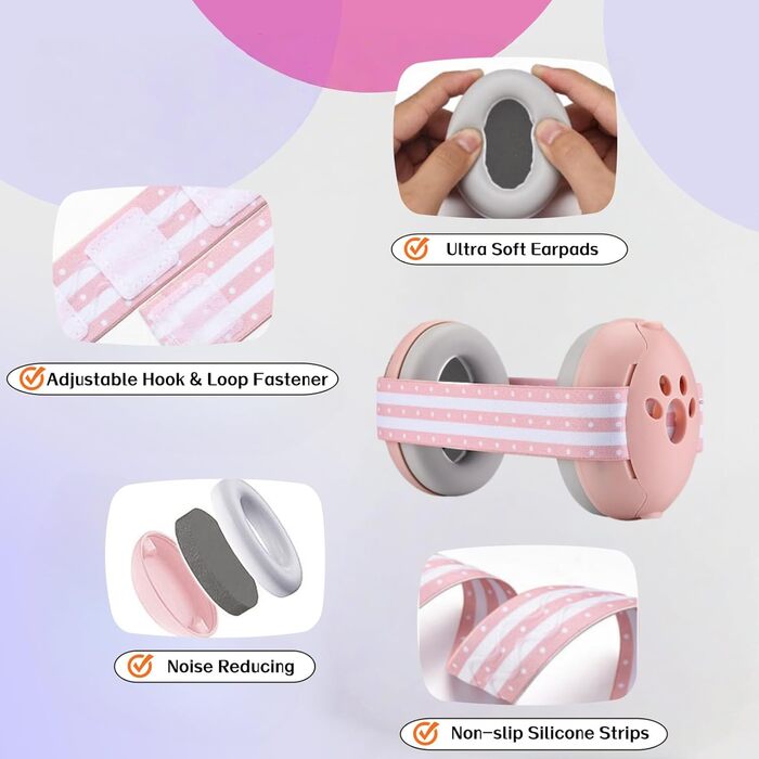 Навушники для захисту слуху дитини 0-36 місяців, 25 dB, рожеві. Безпечний та заспокійливий захист від шуму, ідеально для подорожей та сну.