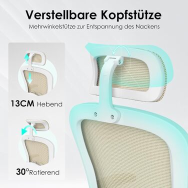 Ергономічне крісло Farini з регулюванням висоти, для офісу та дому, з підголівником, комп'ютерне крісло, до 150 кг, на роликах (білий-хакі)