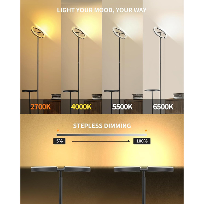 Підлогова лампа LuminexDesigns з регулюванням яскравості, 36W+7W LED, 3200LM+600LM, 2700K-6500K, чорна. Сучасна підлогова лампа для вітальні з пульт дистанційного керування