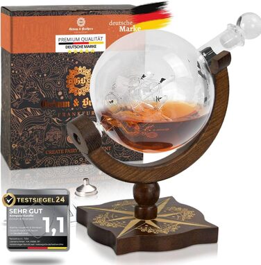 Grimm & Brothers: Compass Decanter - Genuine Wood - Whiskey Decanter 850ml with Congratulatory Card - Whiskey Accessories - Men's Gifts - Globe Whiskey Decanter - Gift Set - Alcohol - Whiskey Decanter