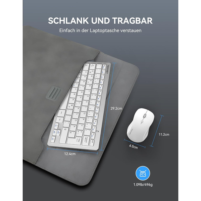 Бездротова клавіатура та миша TECKNET QWERTZ, 2.4 GHz, 15м, тиха, для ПК, ноутбука, Smart TV, білий/сріблястий