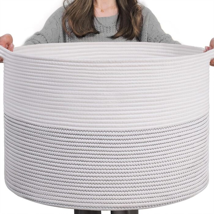 TIMEYARD XXL Large Laundry Basket, Storage Basket, Children's Laundry Basket, Storage Basket for Toys Cotton Rope, Basket with Handles for Blankets and Pillows, 55x35cm, White with