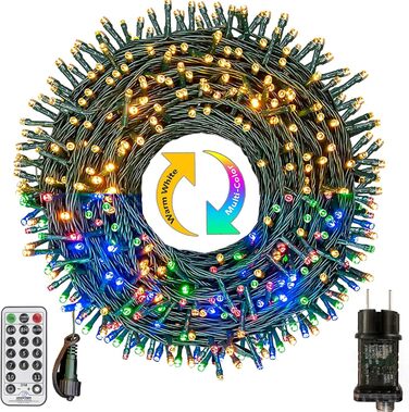 Гірлянда святкова 50 метрів, 100 LED, тепле біле та кольорове світло, з пультом, таймером, 11 режимів, для декору балкона, саду, вечірки, весілля, Різдва