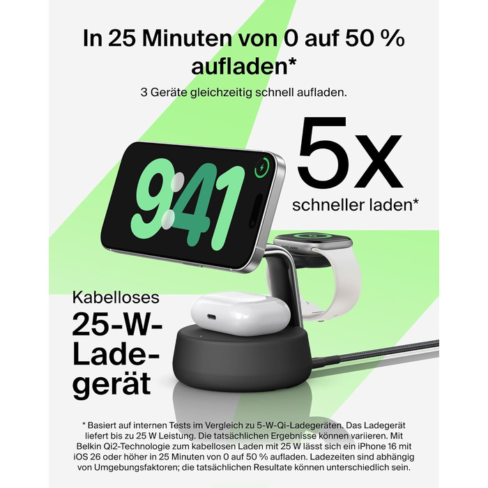 Belkin UltraCharge Pro Qi2.2 Бездротова зарядка 3-в-1 25W MagSafe сумісна для iPhone, Apple Watch, AirPods, Pixel – Чорна