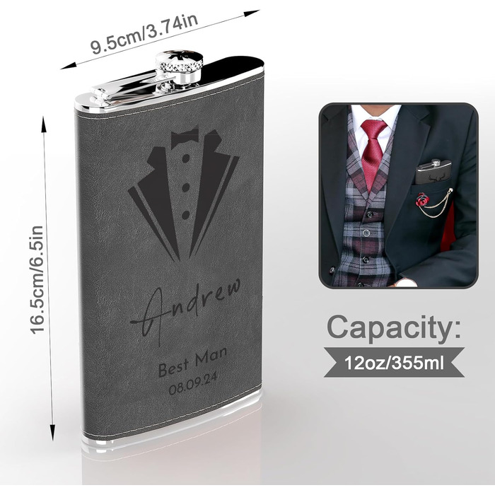 Фляга з гравіюванням гір, сталевий флакон 237мл/8oz, персоналізований подарунок для чоловіків, кемпінгу, туризму (сірий)